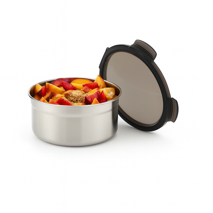 Noxbox Fiambrera redonda de acero inoxidable con tapa de pp negro 600ml Ø137mm A73mm - 12Uds