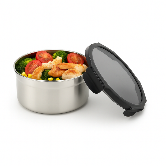 Noxbox Fiambrera redonda de acero inoxidable con tapa de pp negro 900ml Ø155mm A80mm - 6Uds