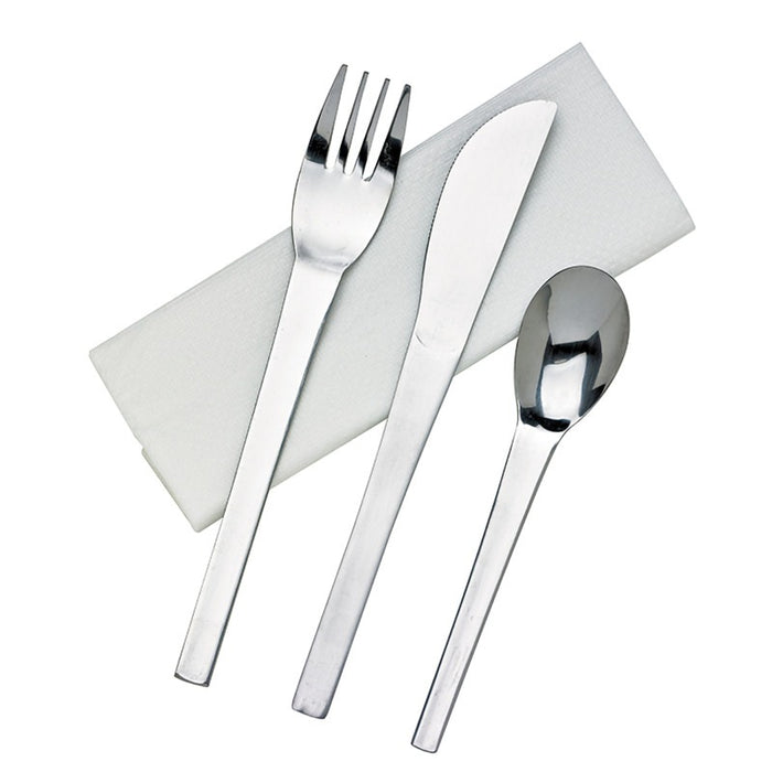 4/1 cubiertos de acero inoxidable cuchillo tenedor sopa cuchara servilleta, embalaje de papel 230x60mm H25mm - 250Uds