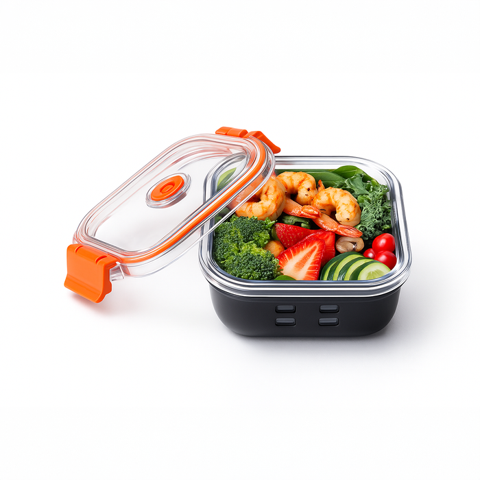 Fiambrera COOK SHOW de vidrio borosilicato con tapa hermética de acrilico y funda de silicona 310ml 112x112mm A48mm - 24Uds