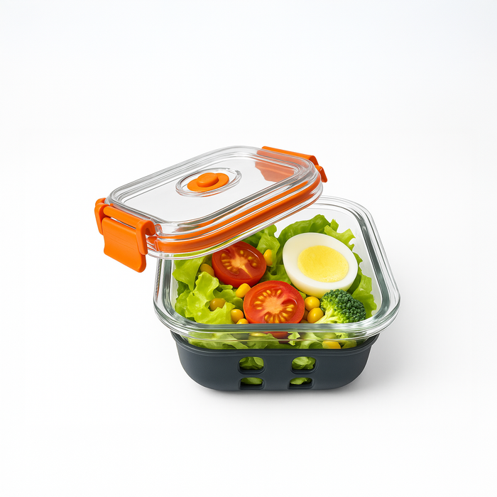 Fiambrera COOK SHOW de vidrio borosilicato con tapa hermética de acrilico y funda de silicona 510ml 132x132mm A53mm - 24Uds