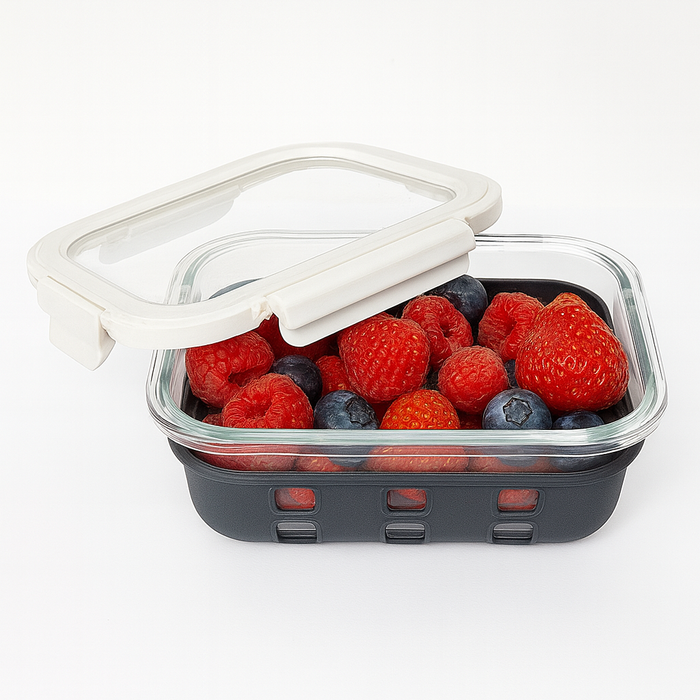 Fiambrera COOK SHOW de vidrio borosilicato con tapa transparente y funda de silicona 370ml 145x105mm A47mm - 24Uds