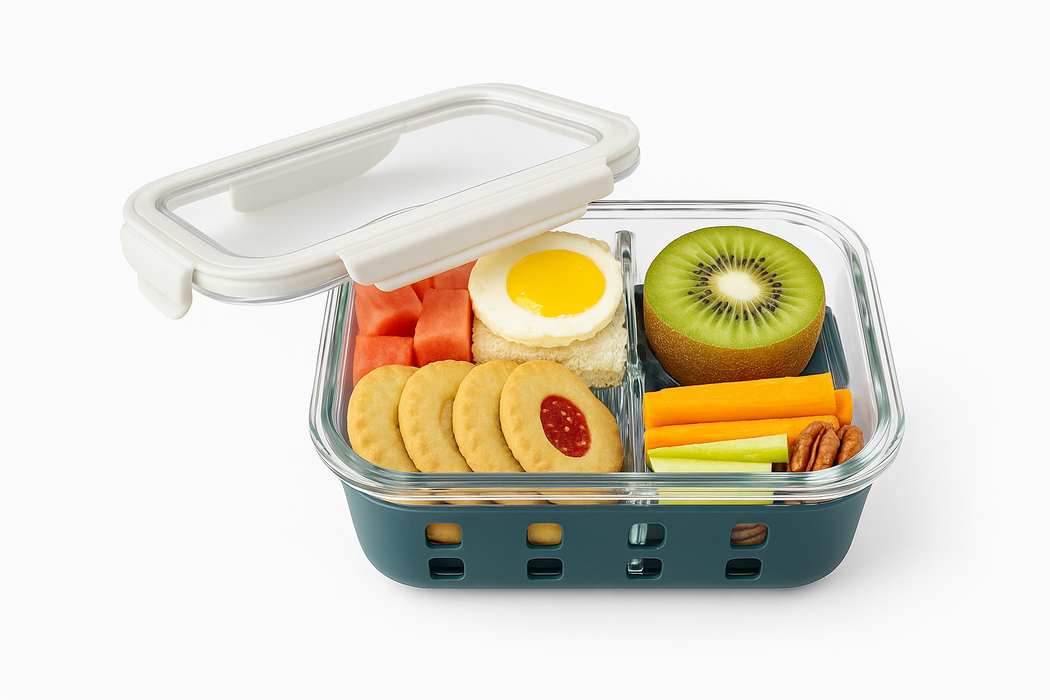 Fiambrera COOK SHOW de vidrio borosilicato con tapa hermética de acrilico y funda de silicona 980ml 198x148mm A60mm - 12Uds