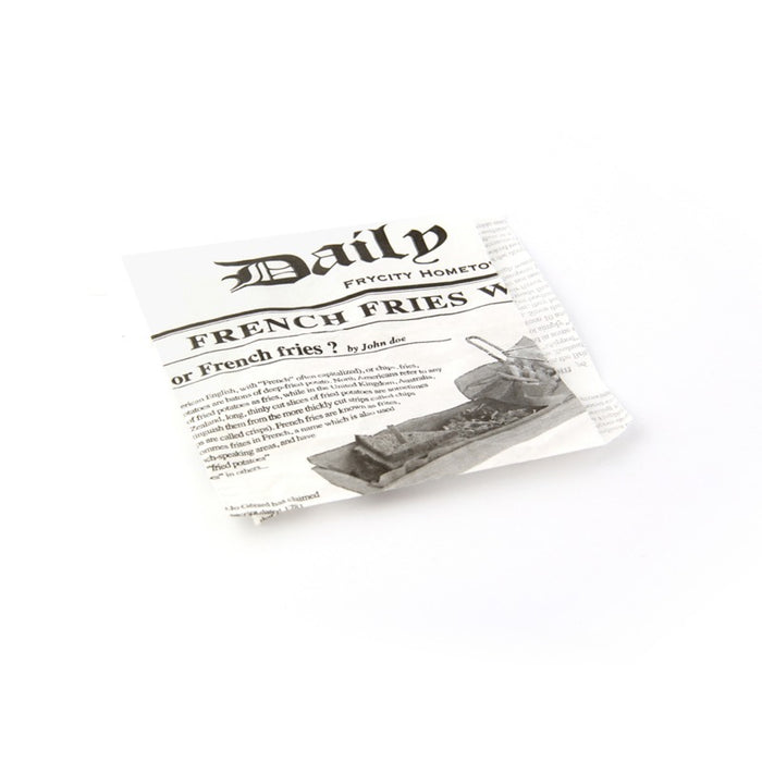 Bolsita de papel blanca antigrasa abierta por 2 lados diseño periódico 130x130mm - 1000Uds
