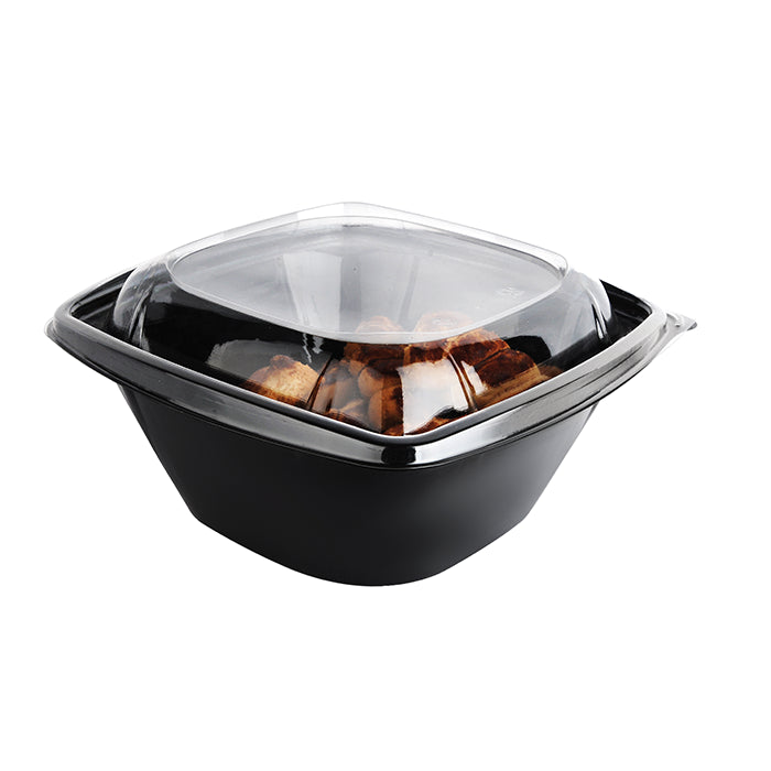 Combo Ensaladera PET cuadrada negra con Tapa 750ml 190x190mm A65mm - 25Uds