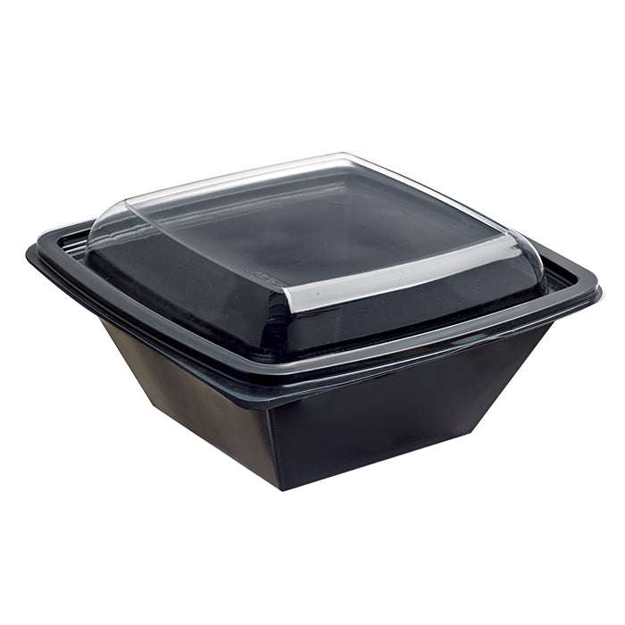 Combo Ensaladera PET cuadrada negra con Tapa 750ml 160x160mm A70mm - 100Uds