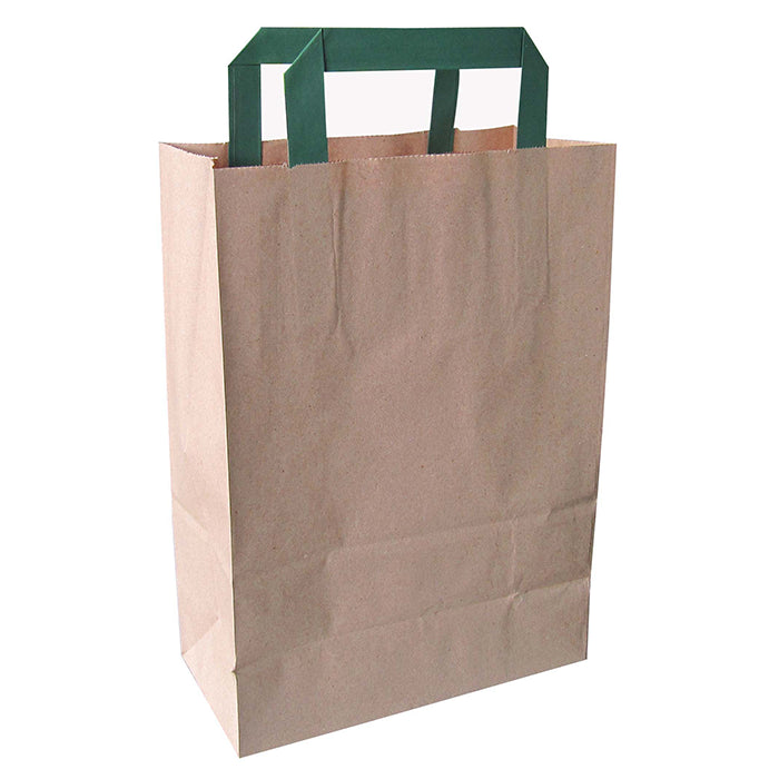 Mini bolsa de papel kraft reciclada marrón con asas verdes 200x100mm A280mm - 250Uds