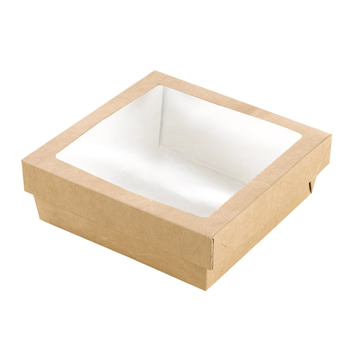 Caja cuadrada de cartón marrón con tapa ventana PLA KRAY 1300ml 205x205mm A40mm - 50Uds