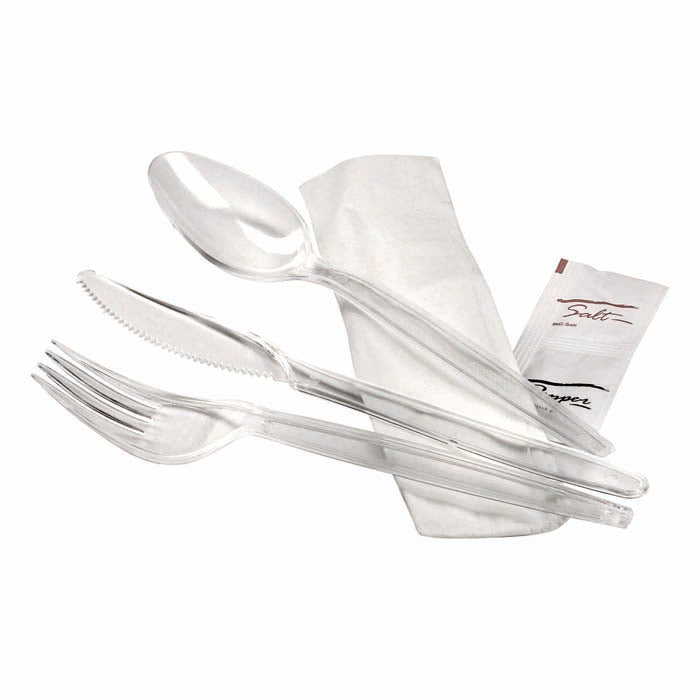 Kit 6/1 cubiertos: Lux transparente - Cuchillo, tenedor, cuchara, servilleta, sal y pimienta 180mm - 50Uds