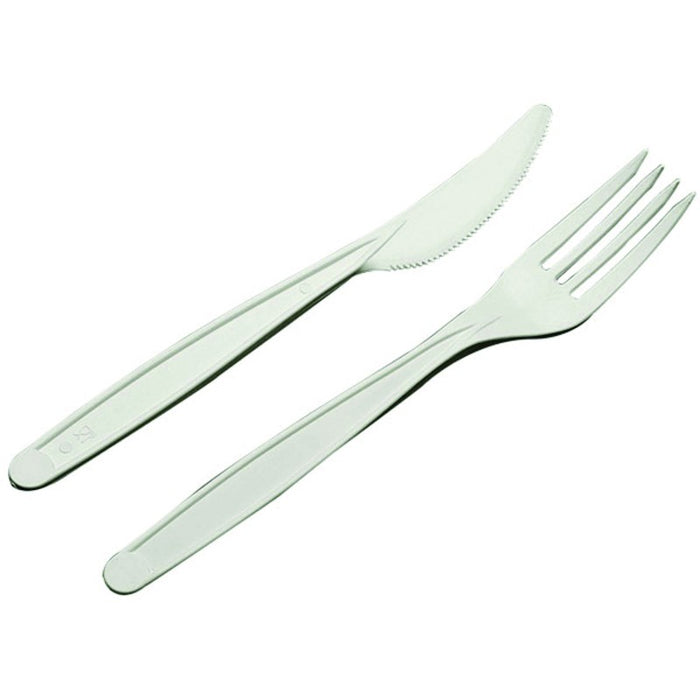 Kit 2/1 cubiertos blancos en CPLA 2/1: Cuchillo y tenedor, envoltorio biodegradabile A180mm - 250Uds