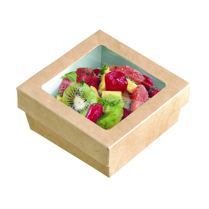 Caja cuadrada de cartón marrón con tapa ventana PLA KRAY 700ml 135x135mm A50mm - 25Uds