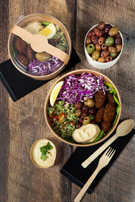 Combo Ensaladera redonda cartón kraft BUCKATY con tapa PET 1200ml Ø185mm A65mm - 25Uds