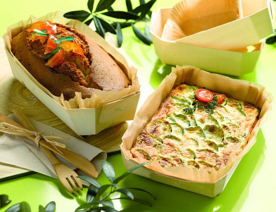 Molde de cocción rectangular exterior de madera y molde de papel interior 600ml 186x115mm A39mm - 20Uds