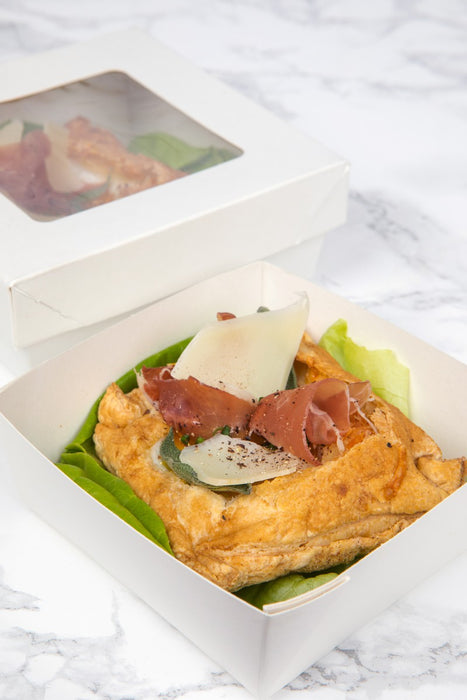 Caja cuadrada de cartón blanco con tapa ventana KRAY 1450ml 205x205mm A40mm - 50Uds