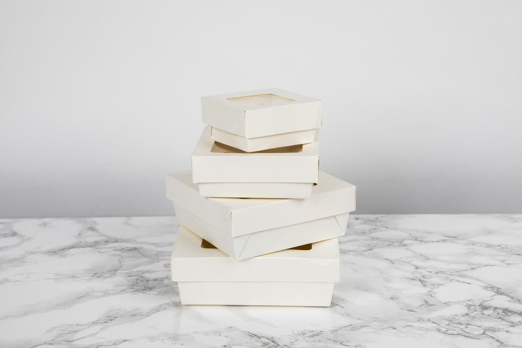 Caja cuadrada de cartón blanco con tapa ventana KRAY 1450ml 205x205mm A40mm - 50Uds