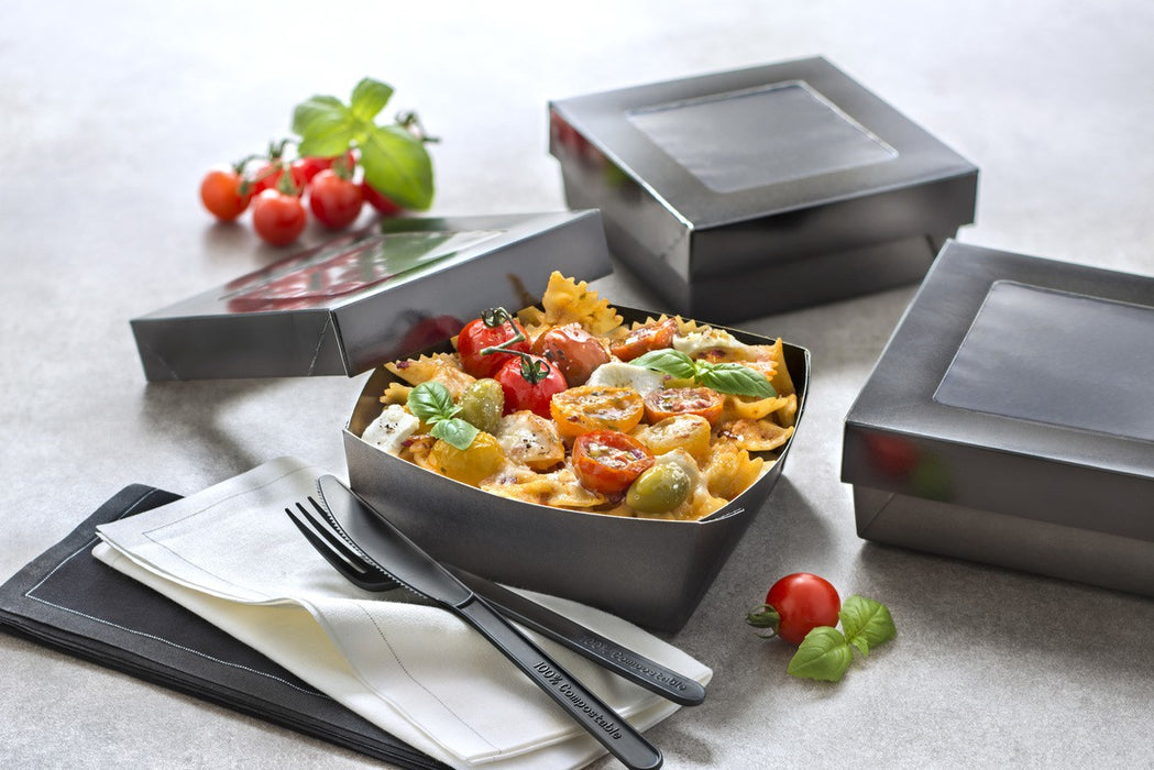 Caja cuadrada de cartón negro con tapa ventana KRAY 700ml 135x135mm A50mm - 25Uds