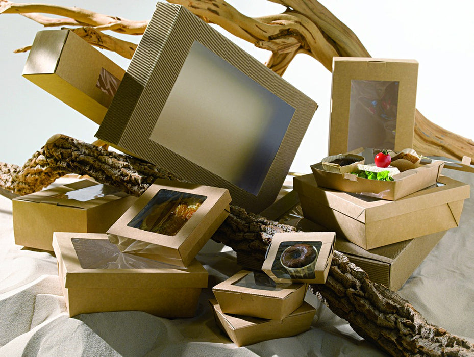 Caja cuadrada de cartón marrón con tapa ventana KRAY 200ml 85x85mm A40mm - 25Uds