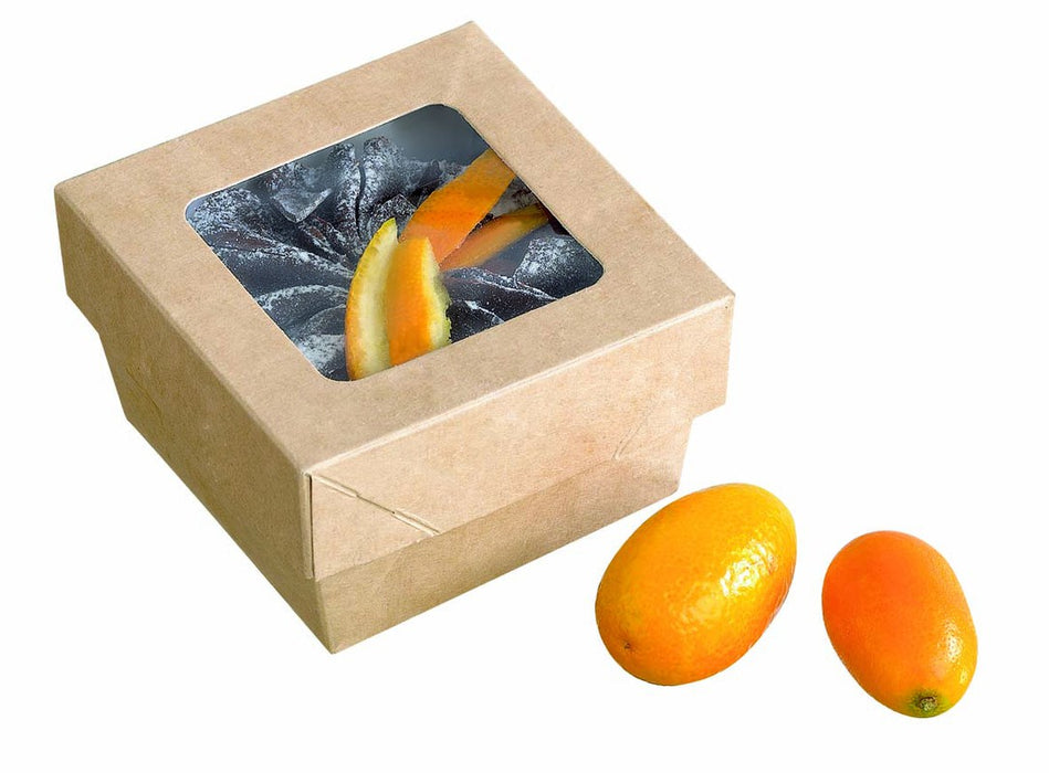 Caja cuadrada de cartón marrón con tapa ventana KRAY 200ml 85x85mm A40mm - 25Uds