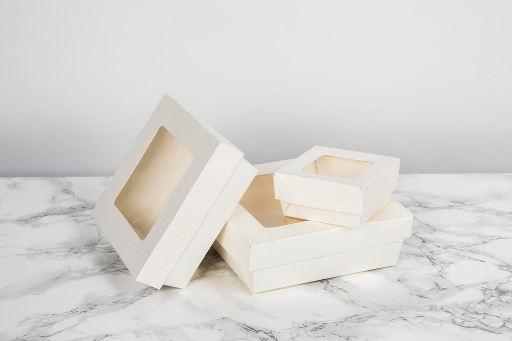 Caja cuadrada de cartón blanco con tapa ventana KRAY 350ml 115x115mm A40mm - 25Uds