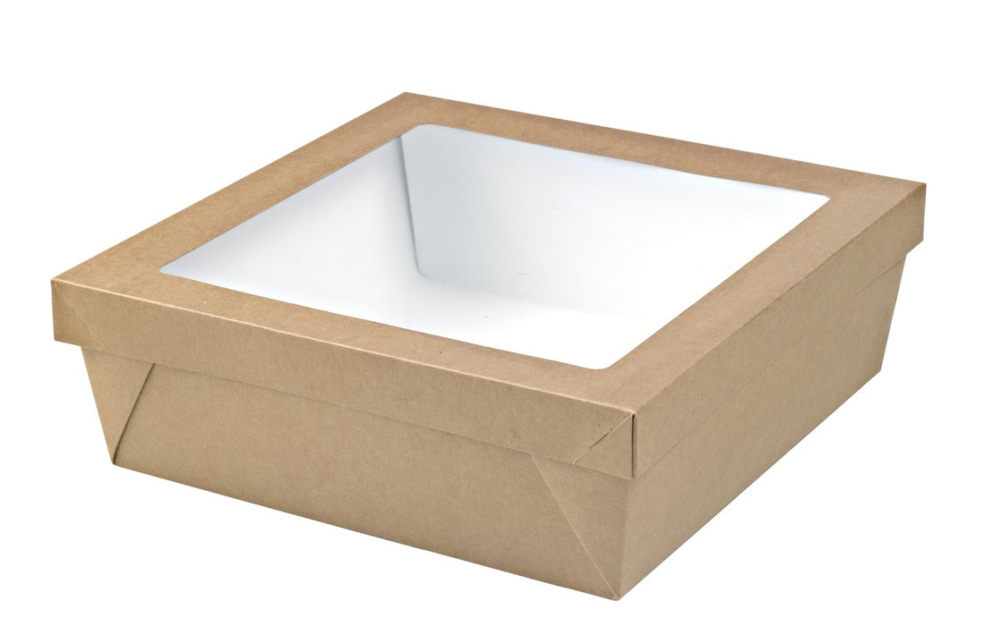 Caja cuadrada de cartón marrón con tapa ventana KRAY 3000ml 265x265mm A50mm - 25Uds