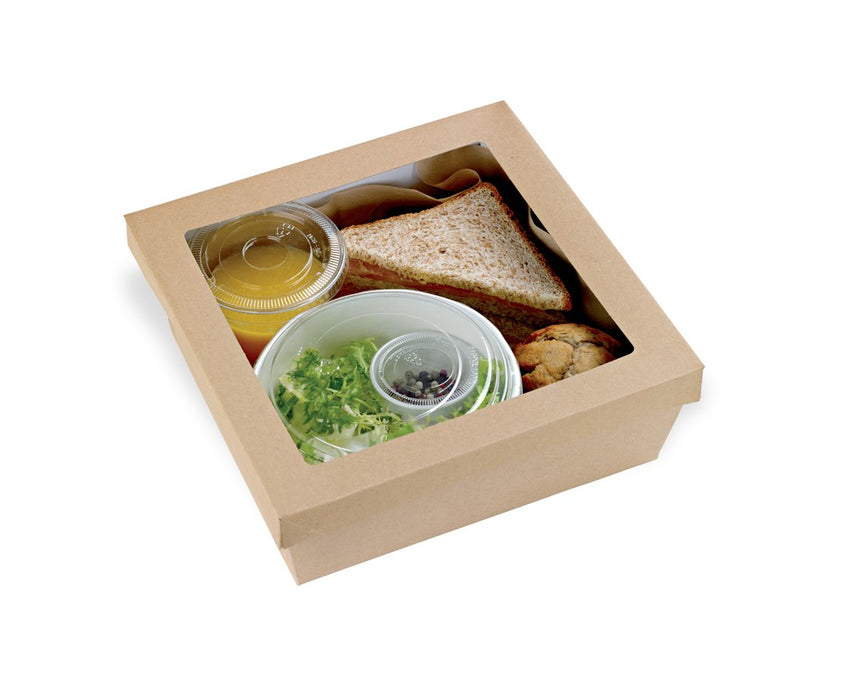 Caja cuadrada de cartón marrón con tapa ventana KRAY 3000ml 265x265mm A50mm - 25Uds