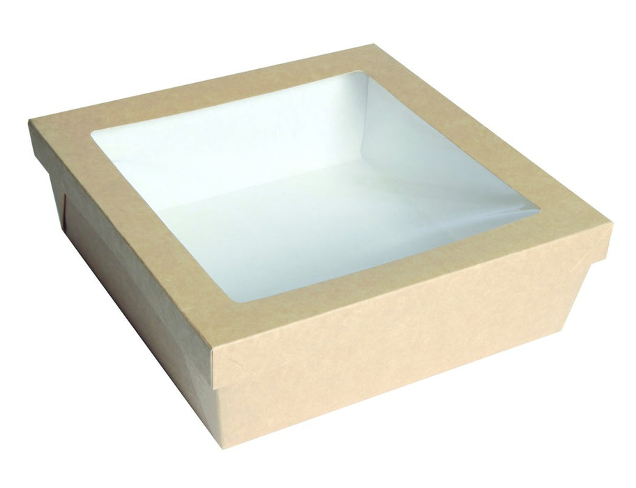 Caja cuadrada de cartón marrón con tapa ventana KRAY 4 200ml 245x245mm A80mm - 25Uds