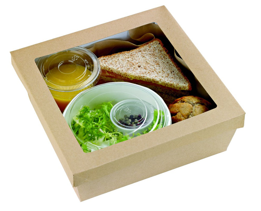 Caja cuadrada de cartón marrón con tapa ventana KRAY 4 200ml 245x245mm A80mm - 25Uds