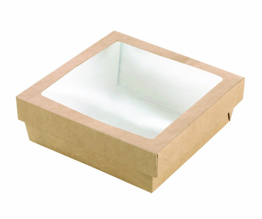 Caja cuadrada de cartón marrón con tapa ventana KRAY 950ml 155x155mm A50mm - 25Uds