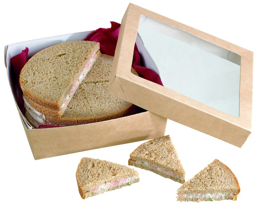 Caja cuadrada de cartón marrón con tapa ventana KRAY 950ml 155x155mm A50mm - 25Uds