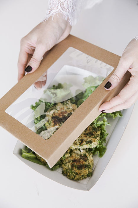 Caja cuadrada de cartón marrón con tapa ventana KRAY 950ml 155x155mm A50mm - 25Uds