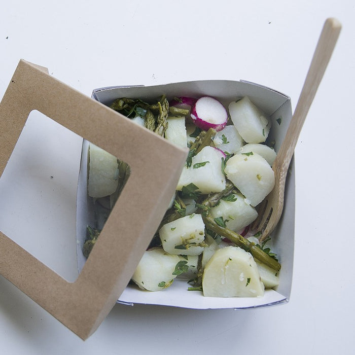 Caja cuadrada de cartón marrón con tapa ventana KRAY 700ml 135x135mm A50mm - 25Uds