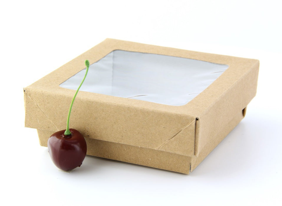 Caja cuadrada de cartón marrón con tapa ventana KRAY 350ml 115x115mm A40mm - 25Uds