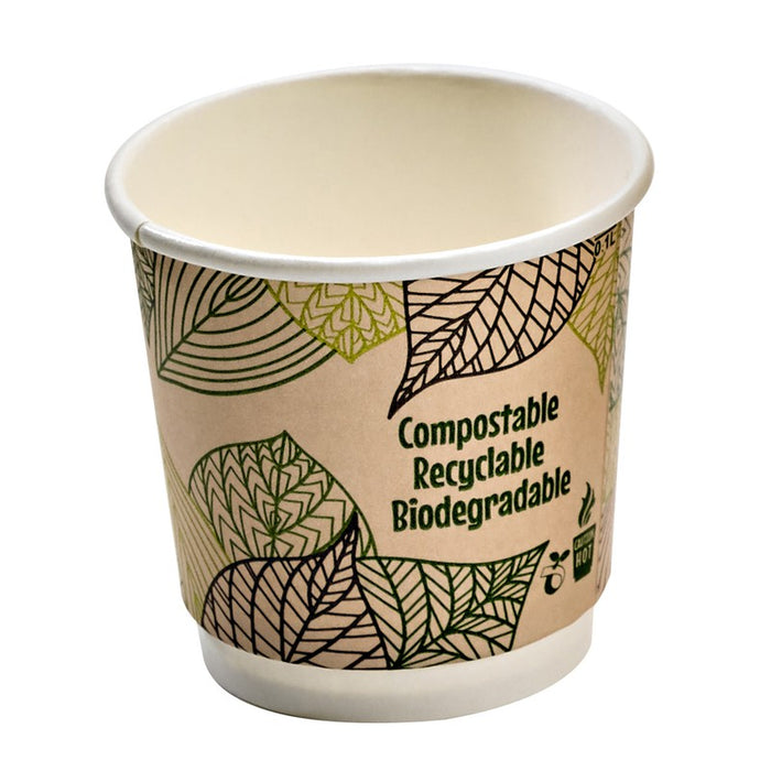 Vaso de cartón kraft con decoración de hojas de doble pared con laminado PLA 120ml A60mm - 50Uds