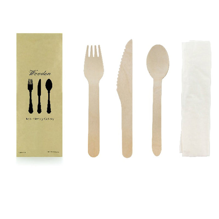 Kit cubiertos de madera 4/1: Cuchillo, tenedor, cuchara grande, servilleta con funda kraft A165mm - 50Uds