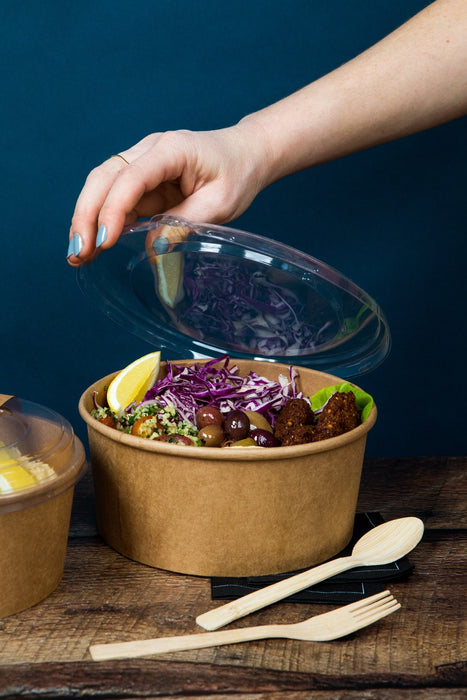 Kit cubiertos de madera 4/1: Cuchillo, tenedor, cuchara grande, servilleta con funda kraft A165mm - 50Uds