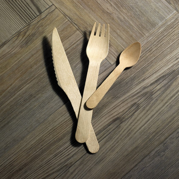 Kit cubiertos de madera 3/1: Cuchillo, tenedor, cuchara con funda kraft A165mm - 50Uds