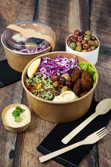 Kit cubiertos de madera 3/1: Cuchillo, tenedor, cuchara con funda kraft A165mm - 50Uds