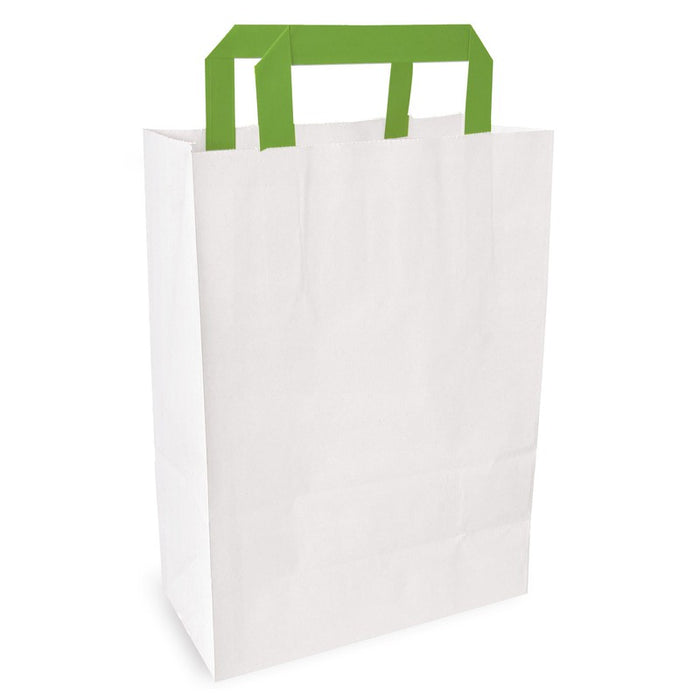 Bolsa de papel blanca reciclada blanca con asas verdes 260x170mm A280mm - 250Uds