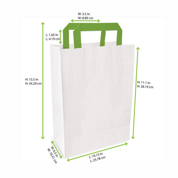 Bolsa de papel blanca reciclada blanca con asas verdes 260x170mm A280mm - 250Uds