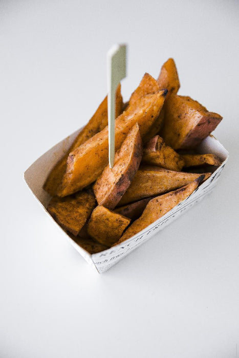 Bandeja de cartón blanco con diseño periódico 850ml 150x90mm A50mm - 100Uds