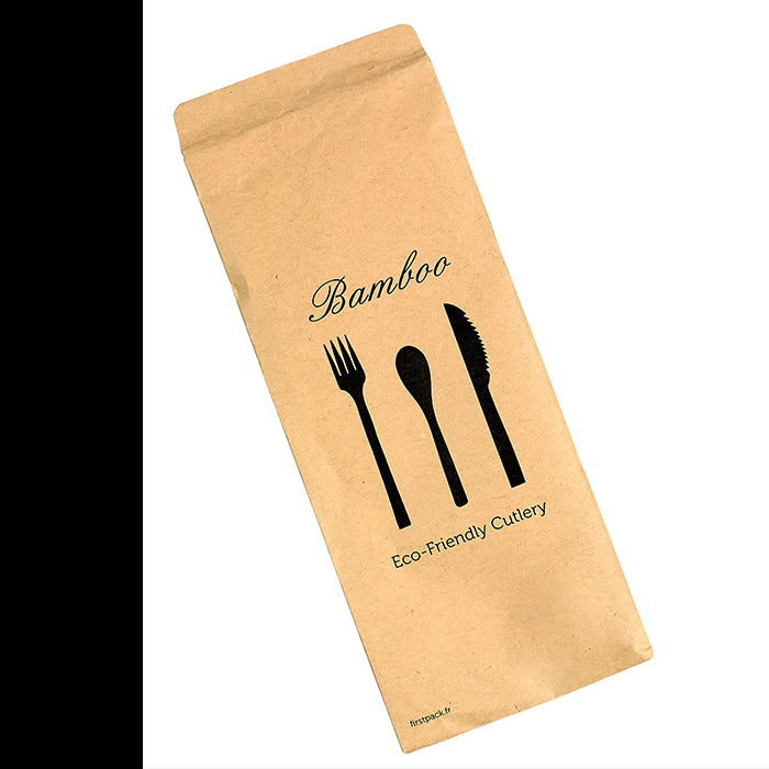Kit 4/1 cubiertos de bambu ANJI : Cuchillo, tenedor, cuchara, servilleta, embalaje kraft A170mm - 100Uds