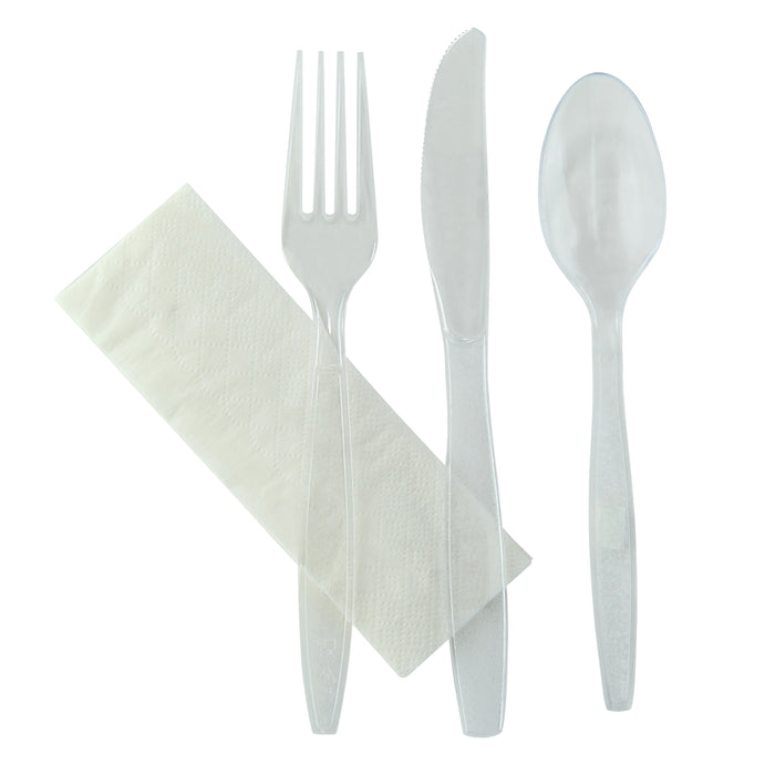 Kit 4/1 cubiertos Transparentes: Cuchillo, tenedor, cuchara, servilleta 192x45mm - 250Uds