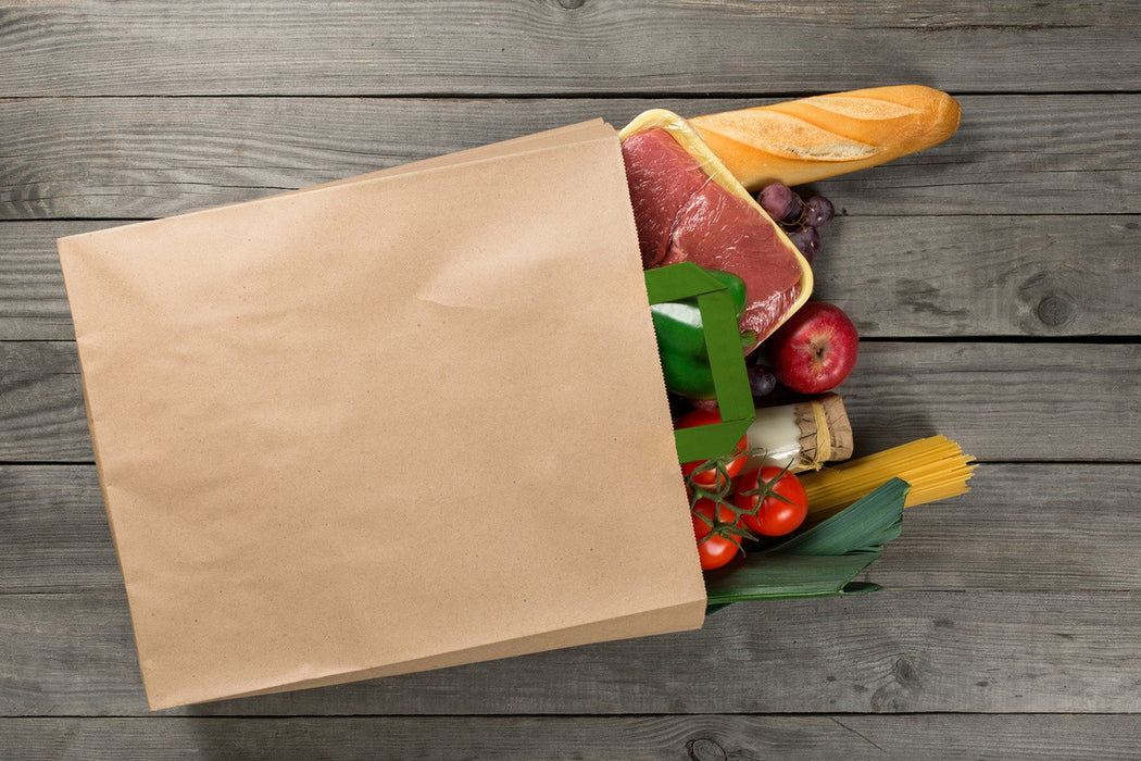 Bolsa de papel kraft reciclada blanca con asas verdes 320x170mm A340mm - 250Uds