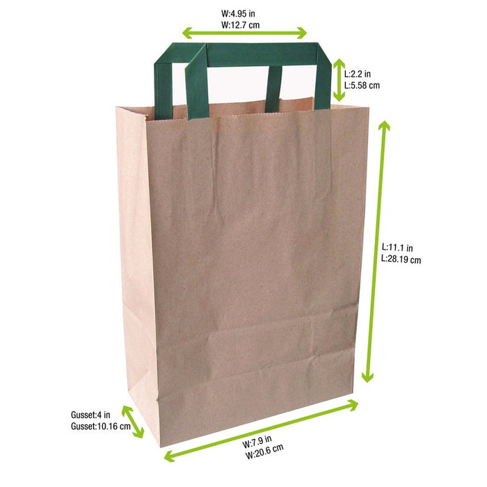 Mini bolsa de papel kraft reciclada marrón con asas verdes 200x100mm A280mm - 250Uds