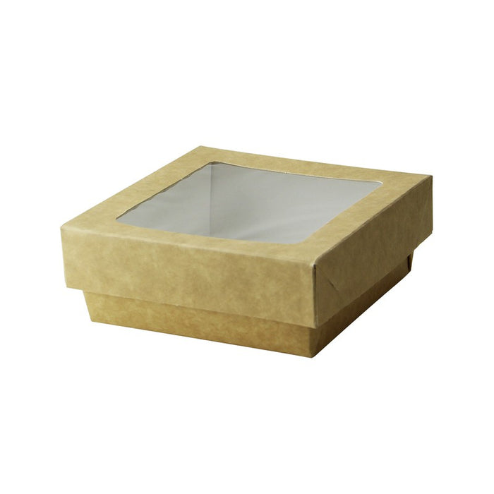 Caja cuadrada de cartón marrón con tapa ventana KRAY 350ml 115x115mm A40mm - 25Uds