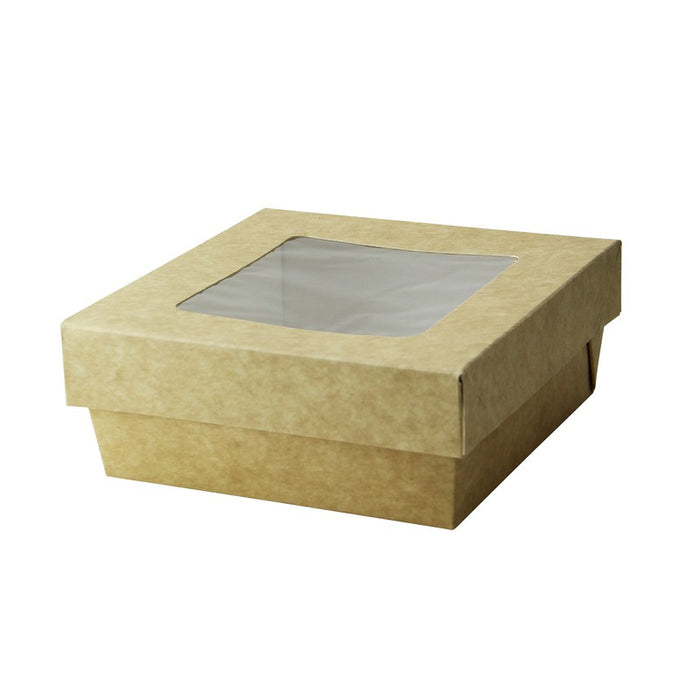 Caja cuadrada de cartón marrón con tapa ventana KRAY 700ml 135x135mm A50mm - 25Uds