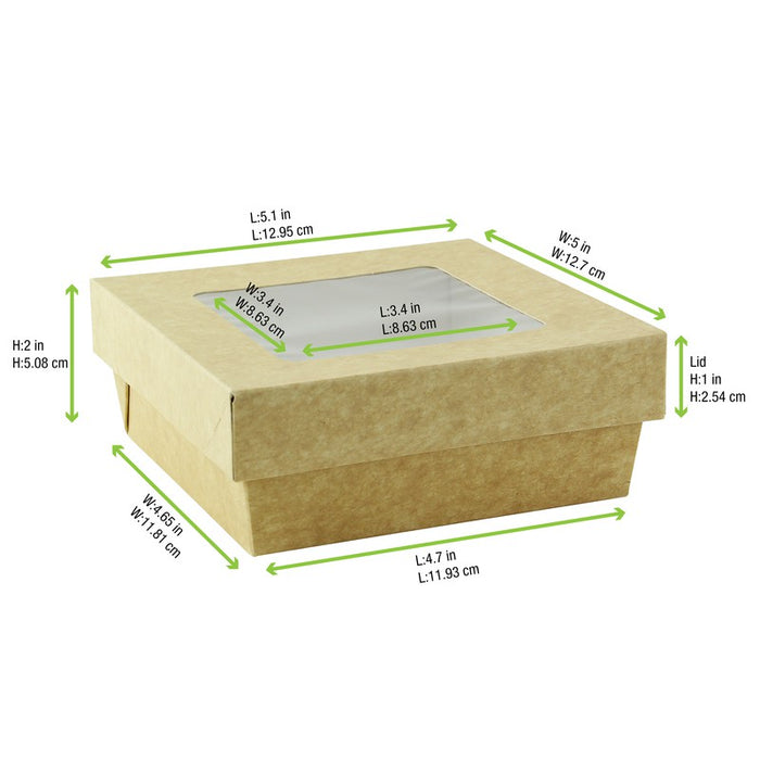 Caja cuadrada de cartón marrón con tapa ventana KRAY 700ml 135x135mm A50mm - 25Uds