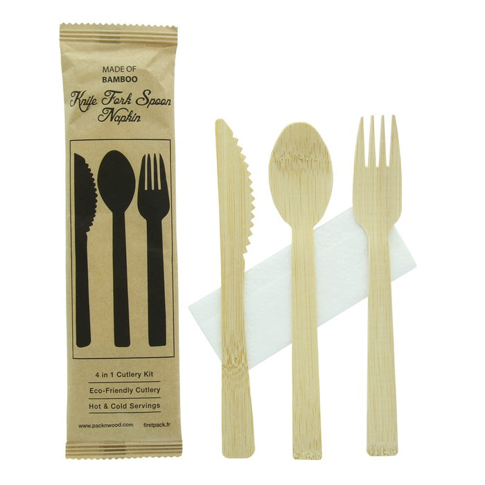 Kit 4/1 cubiertos de bambu ANJI : Cuchillo, tenedor, cuchara, servilleta, embalaje kraft A170mm - 100Uds