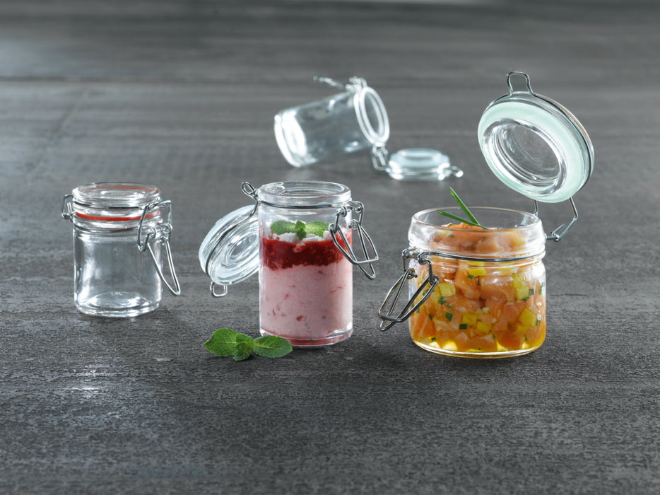 Tarros pequeños de vidrio BOKA con junta silicona azul claro 65ml A85mm - 12Uds