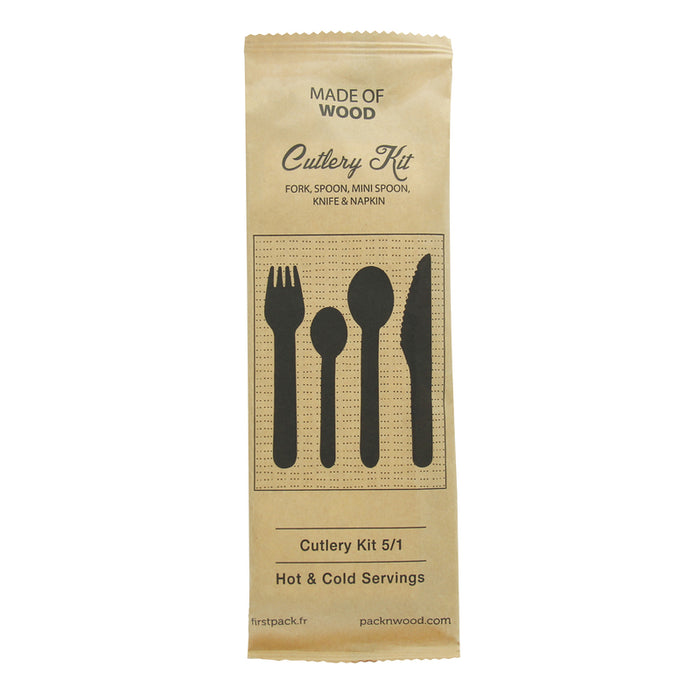 Kit cubiertos de madera 5/1: Cuchillo, tenedor, cuchara pequeña y grande, servilleta con funda kraft A165mm - 50Uds